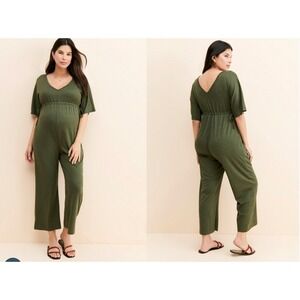 Ingrid & Isabel‎ Maternity Jumpsuit XL Green Short Sleeve Wide Leg Tie Waist